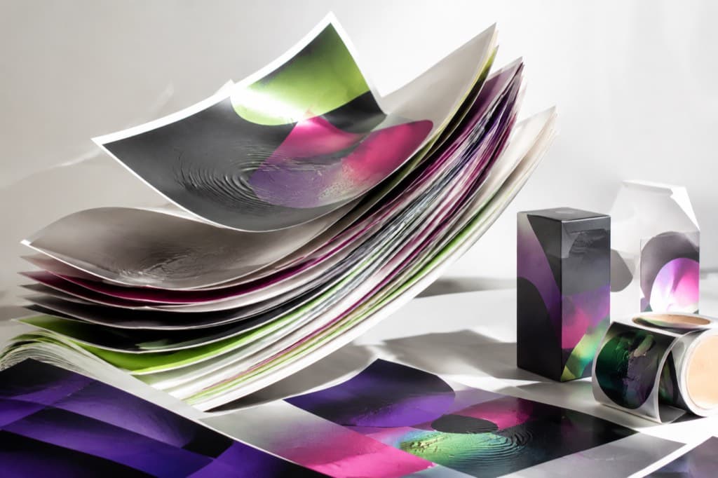 A sculptural wave of printed sheets beside premium cartons and label rolls, in green, magenta and violet
