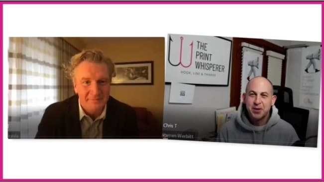 Split-screen video call between Chris Travis and Warren Werbitt in front of a The Print Whisperer sign
