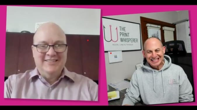 Split-screen video call between Jonathan Graunke and Warren Werbitt in front of a The Print Whisperer sign