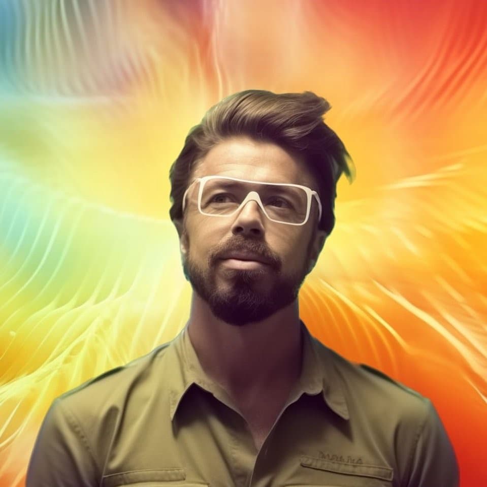 AI-stylized portrait of a bearded man wearing white futuristic glasses against a swirling rainbow background