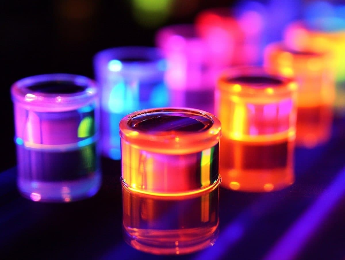Glowing pots of fluorescent UV ink in vivid orange, pink, purple and green on a dark surface