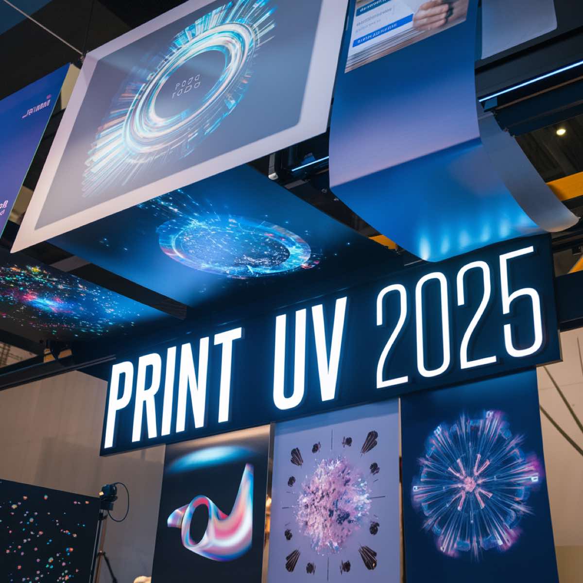Backlit PRINT UV 2025 sign surrounded by suspended holographic print panels in blue and violet light